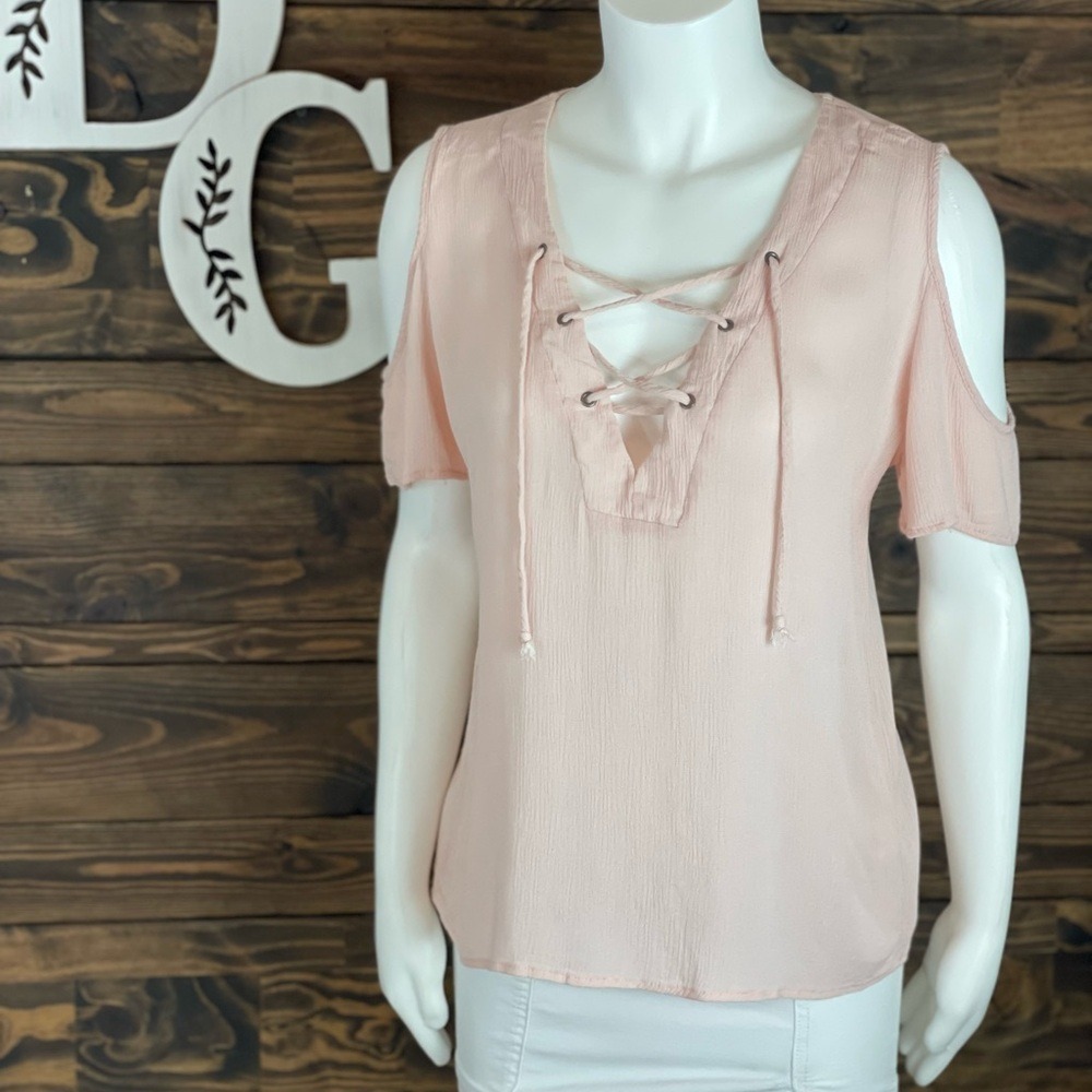 Emory Park | Cold‎ Shoulder Lace Up Tie Front Blouse Baby Blush Pink Flowy Top